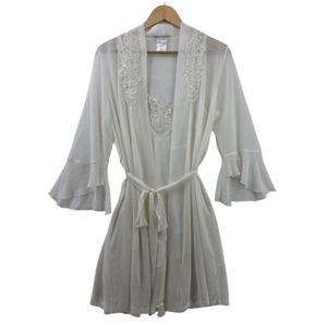 Vintage California Dynasty Cream Chiffon Lace Pearl Slip & Matching Robe Set Y2K
